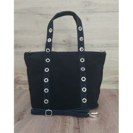 Skórzany Włoski worek ,torba na ramię Vera Pelle miękki zamsz złote dżety-kółka, pojemna A4 Czarna WZK25N