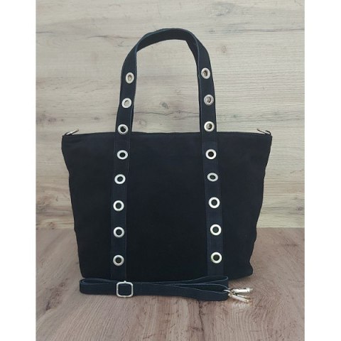 Skórzany Włoski worek ,torba na ramię Vera Pelle miękki zamsz złote dżety-kółka, pojemna A4 Czarna WZK25N