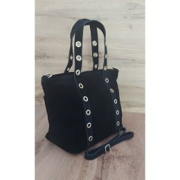 Skórzany Włoski worek ,torba na ramię Vera Pelle miękki zamsz złote dżety-kółka, pojemna A4 Czarna WZK25N