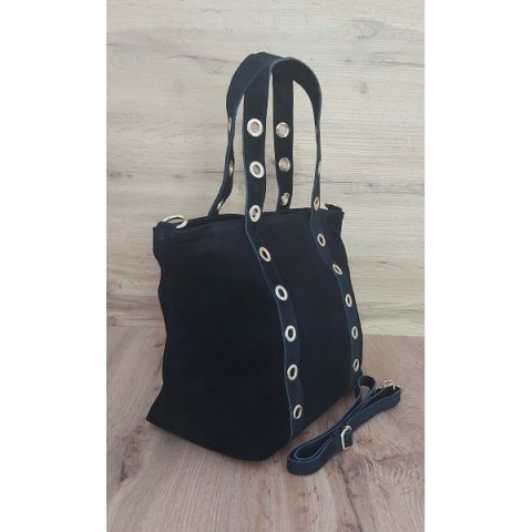 Skórzany Włoski worek ,torba na ramię Vera Pelle miękki zamsz złote dżety-kółka, pojemna A4 Czarna WZK25N