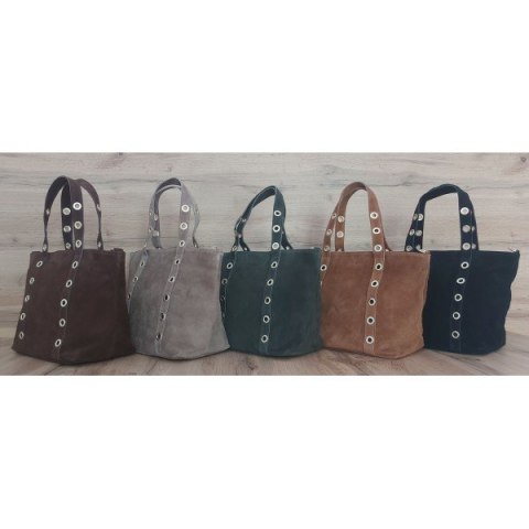 Skórzany Włoski worek ,torba na ramię Vera Pelle miękki zamsz złote dżety-kółka, pojemna A4 Czarna WZK25N