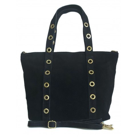 Skórzany Włoski worek ,torba na ramię Vera Pelle miękki zamsz złote dżety-kółka, pojemna A4 Czarna WZK25N