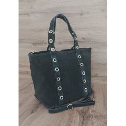 Skórzany Włoski worek ,torba na ramię Vera Pelle miękki zamsz złote dżety-kółka, pojemna A4 Zielony WZK25V