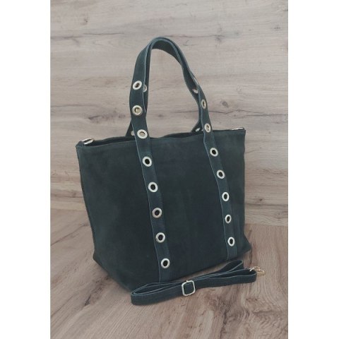 Skórzany Włoski worek ,torba na ramię Vera Pelle miękki zamsz złote dżety-kółka, pojemna A4 Zielony WZK25V