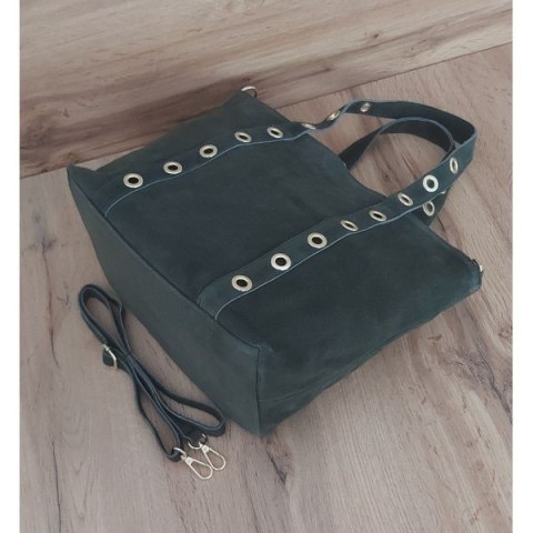 Skórzany Włoski worek ,torba na ramię Vera Pelle miękki zamsz złote dżety-kółka, pojemna A4 Zielony WZK25V