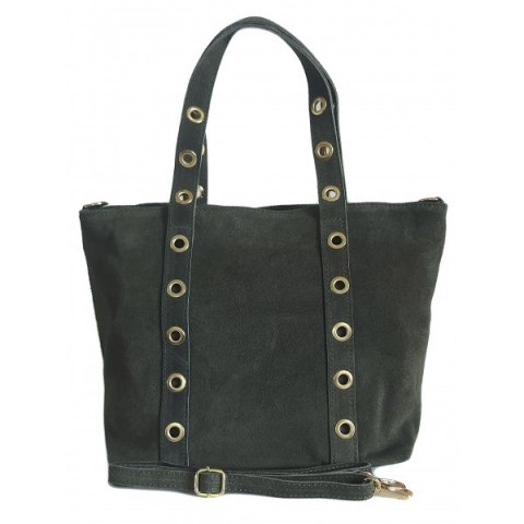 Skórzany Włoski worek ,torba na ramię Vera Pelle miękki zamsz złote dżety-kółka, pojemna A4 Zielony WZK25V