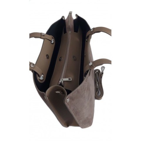 Trzy komory na ramię, duża mieści A4 Włoska skóra zamsz Vera Pelle torba Shopper bag Beżowa VOM33T