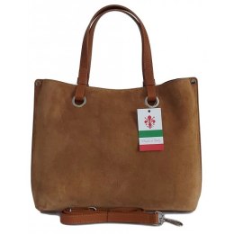 Trzy komory na ramię, duża mieści A4 Włoska skóra zamsz Vera Pelle torba Shopper bag Camel VOM33C