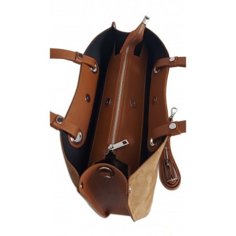 Trzy komory na ramię, duża mieści A4 Włoska skóra zamsz Vera Pelle torba Shopper bag Camel VOM33C