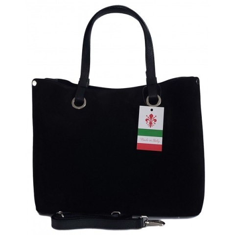 Trzy komory na ramię, duża mieści A4 Włoska skóra zamsz Vera Pelle torba Shopper bag Czarna VOM33N