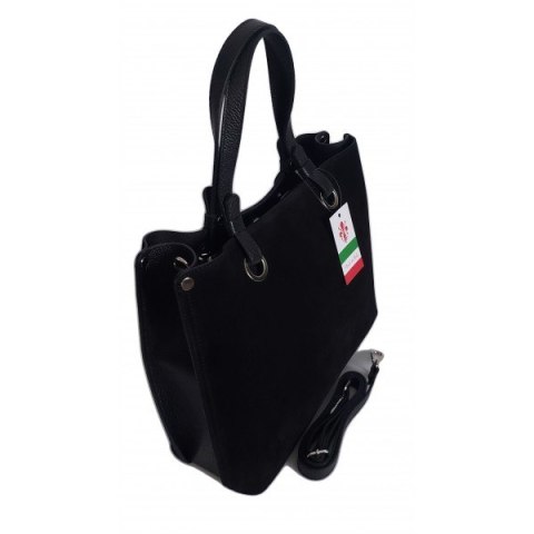 Trzy komory na ramię, duża mieści A4 Włoska skóra zamsz Vera Pelle torba Shopper bag Czarna VOM33N