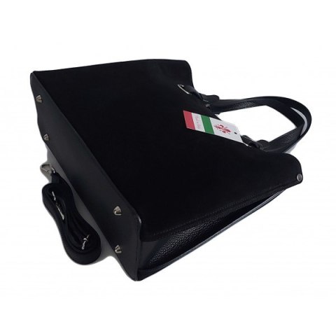 Trzy komory na ramię, duża mieści A4 Włoska skóra zamsz Vera Pelle torba Shopper bag Czarna VOM33N