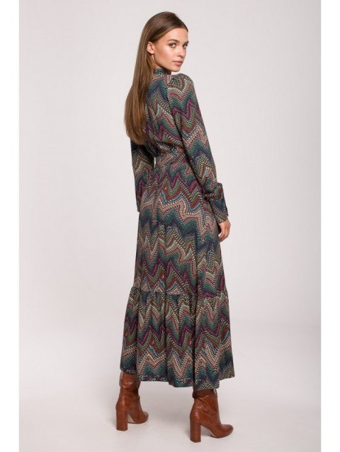 Sukienka maxi z falbaną - nadruk aztecki